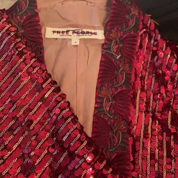 NWOT FREE PEOPLE Red Sequin Long Belted Duster Coat - Picture 10 of 12